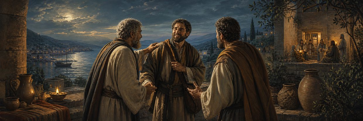 Timothy returning from a long road as Paul and a coworker greet him above a lamplit coastal town